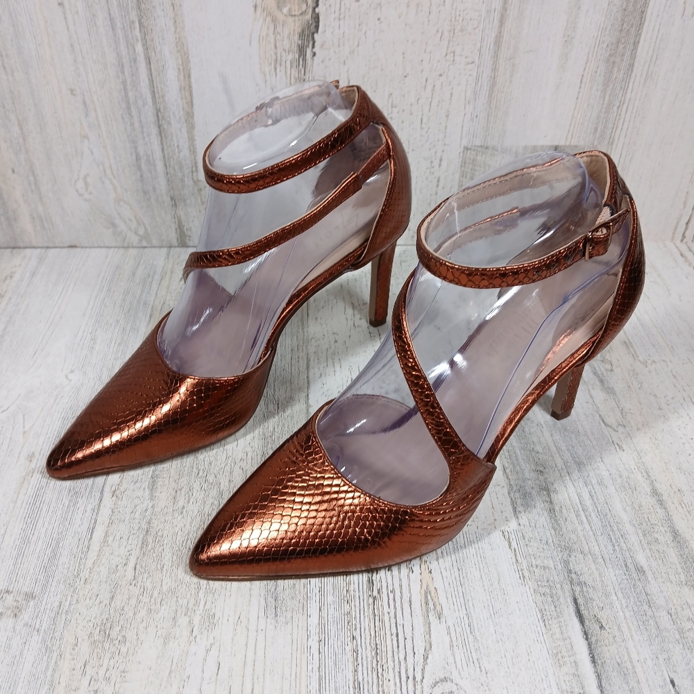 NEW Naturalizer 27 Edit Abilyn Brown Snake Pointy Toe Ankle Strap Heels #1523 - Picture 2 of 12